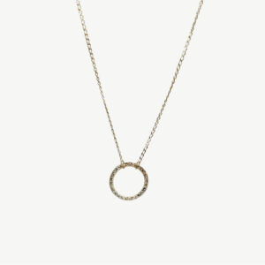 Silver necklace with silver loop pendant.